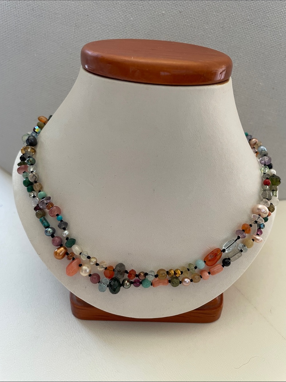 Handcrafted, Semi Precious, Multicolored Beaded Necklace with Pearl Accents.